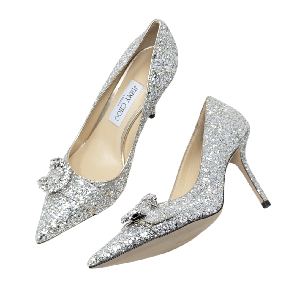 NIB Jimmy Choo Saresa 85 Coarse Glitter Pumps Champagne Silver Size EU 38.5
